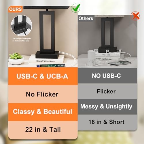 Seealle 22" Tall Living Room Lamps for Night Stands - Touch Bedside Lamp with USB C+A, 3 Way Dimmable Bedroom Lamps for End Tables Set of 2, Modern Night Stand Lamps for Bed Side(Black&Black)