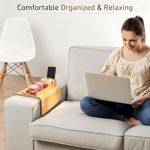 Yoshiky 2 Pack Bamboo Couch Armrest Table, Couch Arm Tray with Removable Couch Cup Holder, 2 in 1 Design Foldable Anti-Slip Bamboo Couch Tray and Sofa Cup Holder for Drink