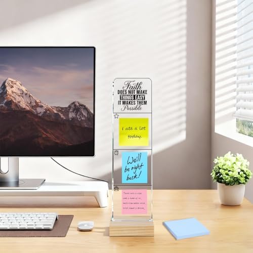 Sticky Note Holder, Monitor Memo Board, Acrylic Post It Note Holder with Wooden Base, Includes 100 Notes, Desk Organizer, Christian Quote “Faith Does Not Make Things Easy It Makes Them Possible”