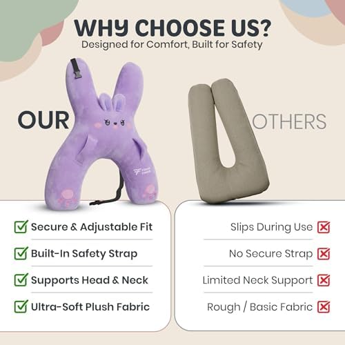 Kids Car Sleeping Pillow, H-Shaped for Neck & Back Support, Purple Rabbit
