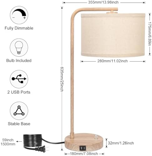 Farmhouse Table Lamp, Fully Dimmable Tall Bedisde Lamp with USB C+A Ports