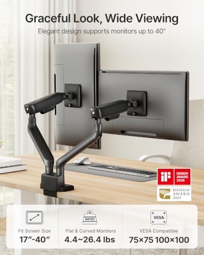 monTEK Mechanical Spring Dual Monitor Arm for 27 32 34 inch Screens Black