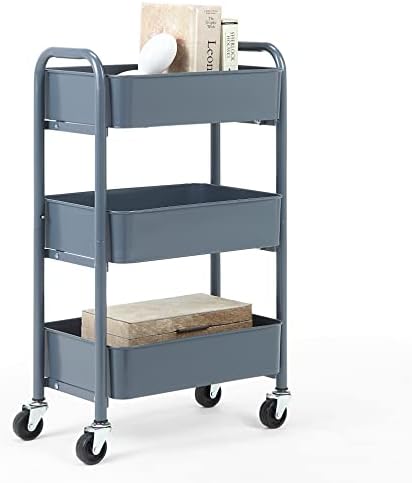 SunnyPoint 3-Tier Delicate Compact Rolling Metal Storage Organizer - Mobile Utility Cart Kitchen/Under Desk Cart with Caster Wheels - Blue (15.35" X 10.24" X 26.8"H)