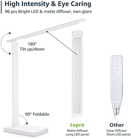 Lepro LED Desk Lamp with USB Charging Port for Dorm Room, 700LM 9.5W, White