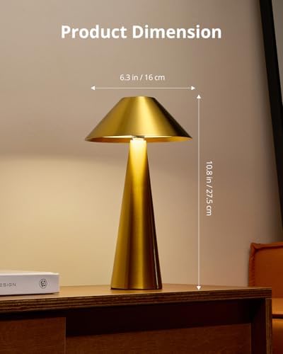 Bojim Rechargeable Cordless Table Lamp, Gold LED Battery Operated Wireless Table Lights, Touch for 3 Color Dimmable, IP54 Waterproof for Restaurant, Dining, Outdoor, Patio, Outside