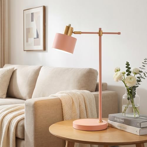 OYEARS 22.2" Modern Desk Lamp, Metal Table Lamp with LED Bulb, Adjustable Reading Lamps for Living Room, Mid Century Task Lamp for Home Office, Industrial Bedside Lamps with Solid Base, Pink