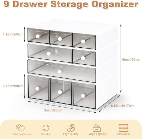 Desk Organizer with 9 Drawers, 4 Tier Plastic Stackable Storage Drawers for Desk Storage, Office Stationary Makeup Organizer Suit for Home, Office and School