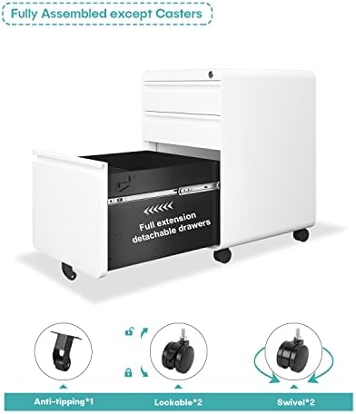 Dripex 3 Drawer Metal Rolling File Cabinet Under Desk Filing Cabinet White