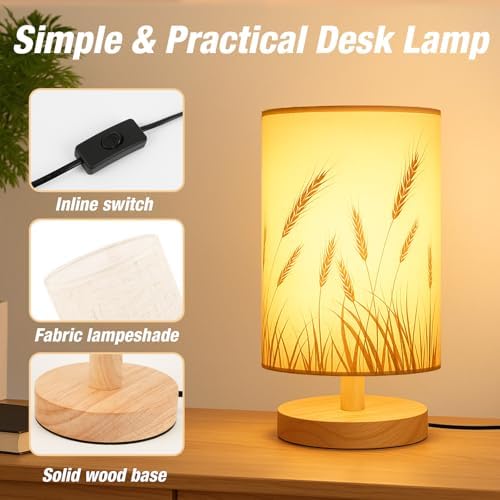Desk Lamp LED Bulb Included, Small Bedside Table Lamp Plug-in - Classic Wood Base with Flaxen Fabric Shade, Lamps for Night Stands, Simple Nightstand Light for Bedroom, Office, Desk