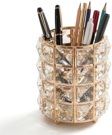 YAGELI Crystal Pen Holder for Desk, 3.58" Gold/Silver Pencil Cup