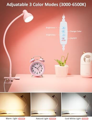 LiFMIRA Pink Small Desk Lamp Clip on LED Reading Light for Bed