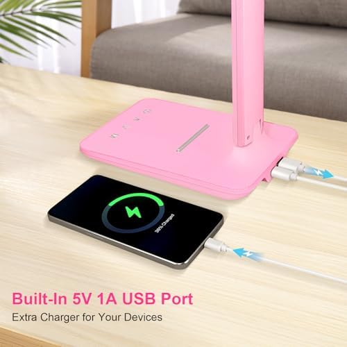 White crown LED Desk Lamp Dimmable Table Lamp Reading Lamp with USB Charging Port, 5 Lighting Modes, Sensitive Control, 30/60 Minutes Timer Pink (Pink, First-Generation)