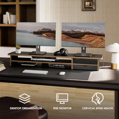 Fenge Monitor Stand, Desk Computer Riser with Frosted Storage Drawer, Black