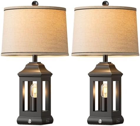 24" Rustic Farmhouse Table Lamps for Living Room Set of 2, Touch Dimmable Nightlight Vintage Bedside Lamps with USB A+C Ports & Dual Light Sources for Bedroom Nightstand End Table, Matte Black