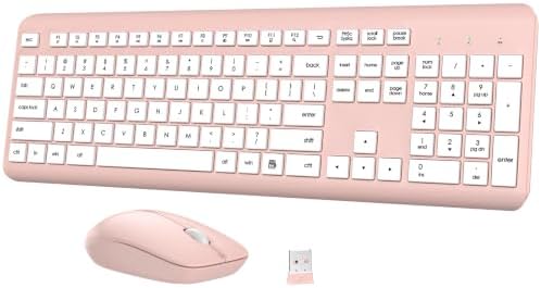 Wireless Keyboard and Mouse Combo, Full-Size Silent Ergonomic Keyboard and Optical Mouse, Long Battery Life, 2.4G Lag-Free Mice Keyboard for Computer,Mac,Laptop,PC,Windows(White Pink)