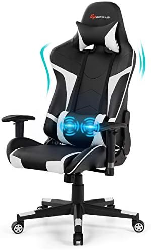 POWERSTONE Gaming Chair - Office Computer Gaming Racing Chair with Lumbar Massager Support PU Leather Adjustable Arms Headrest High-Back Recliner Ergonomic Rolling Swivel (White)