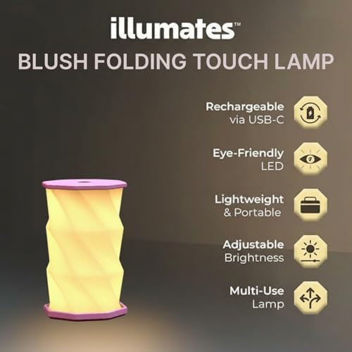 Origami Expanding Foldable LED Desk Lamp – USB Rechargeable & Portable - Dimmable Touch Control Light with Adjustable Height up to 5 1/2 for Office, Travel, Bedside - Sleek & Modern Design (Blush)