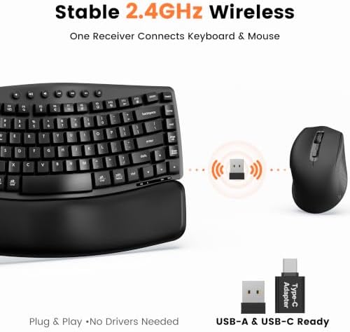 SABLUTE Wireless Ergonomic Keyboard and Mouse Combo, Wave Key Layout, Black