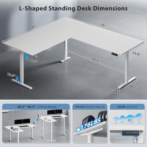 75x61 Inch L Shaped Electric Standing Desk, Corner Workstation, White