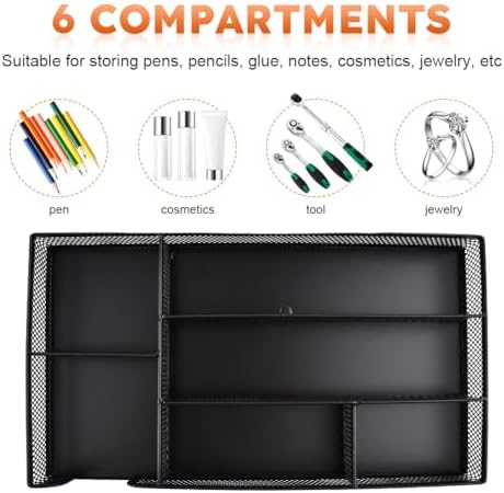 Metal Mesh Desk Drawer Organizer Tray, 6 Compartments 11”x6”x1.5”