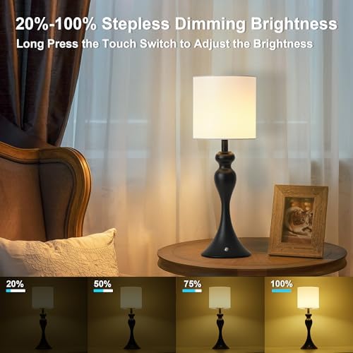 Cordless Table Lamp Rechargeable, Battery Fabric Bedside Touch Light, Black
