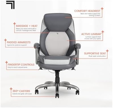 Sharper Image S-600 Active Lumbar Heated Ergonomic Bonded Leather Swivel Executive Massage Chair, Gray (60098-GRY)