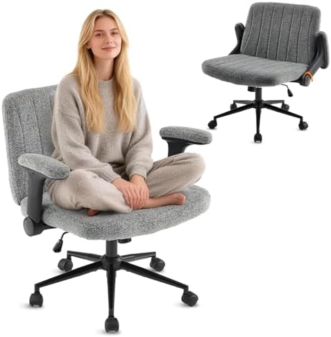 VINGLI Criss Cross Chair with Adjustable Flip-Up Arms,Cross Legged Chair with Wheels, Extra Wide Office Chair,Cozy Desk Chair for Home Office, Vanity, Apartment,Chenille Velvet,Grey