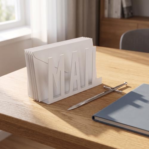 Cutout Mail Lettering Design Mail Holder Organizer Countertop with Sword Letter Opener Set Office Mail Basket Mail Holder and Cute Mail Envelope Opener Sword（White）