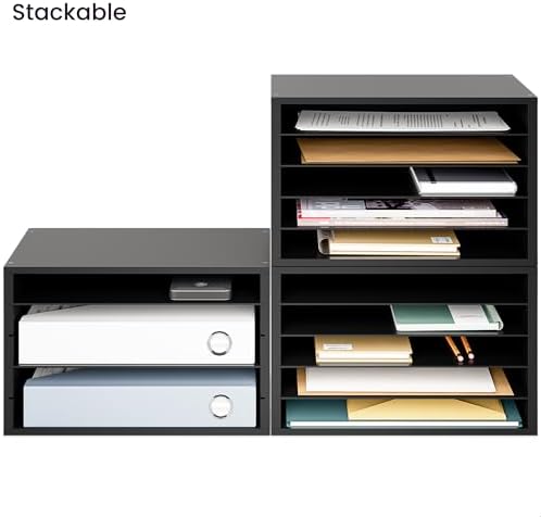 Ballucci 5 Tier Paper Organizer Letter Tray, Wood Desk File Organizer with Adjustable Shelves, Home Office School Letter/A4 Mail Sorter Magazine Holder - Black