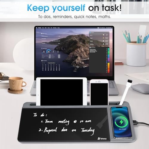 Varhomax Glass Desk Whiteboard with Wireless Charger, Desktop Organizer