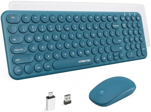 Wireless Keyboard and Mouse Combo,XTREMTEC 2.4GHz Quiet Slim Cute Round Keycap Compact Size Blue Kawaii Cordless Retro Keyboard Mouse Set Home Office Accessories for Mac/Windows (Blue)