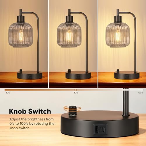 Grey Glass Table Lamps Set of 2, Dimmable Bedside Lamps for Living Room