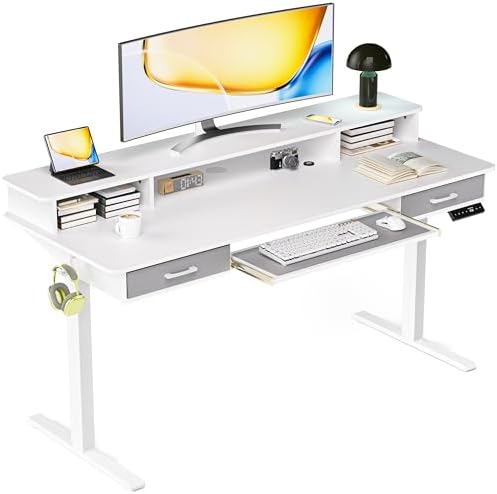 Electric Standing Desk with Keyboard Tray, 63x24 Inches Height Adjustable Stand up Desk with 2 Drawers, Ergonomic Sit to Stand Table with Storage Monitor Stand, White