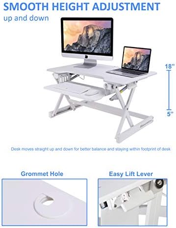 Rocelco 32" Height Adjustable Standing Desk Converter - Sit Stand Computer Workstation Riser - Dual Monitor Retractable Keyboard Tray Gas Spring Assist - Black (R EADRW)