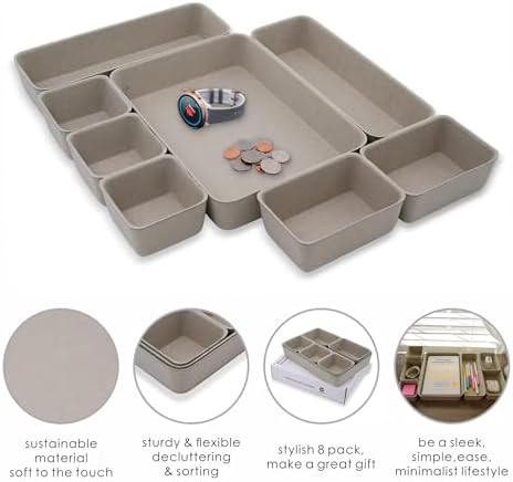 Welaxy Office Felt Desk Drawer Organizer Tray 8pc Stone Natural Storage Bin