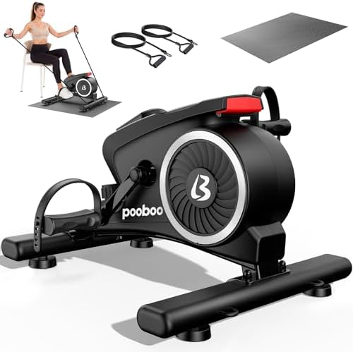 pooboo Under Desk Bike Pedal Exerciser, Quiet Magnetic Mini Exercise Bike with 16 Resistance Levels, Arm & Leg Workout, Resistance Bands，Desk Pedal Bike for Home/Office Workout