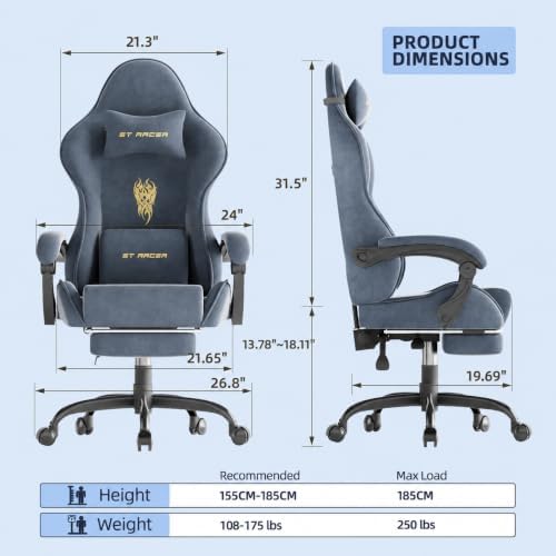 Soontrans Velvet Fabric Ergonomic Gaming Chair with Footrest, Reclining Office Computer Desk Game Chairs with Massage Lumbar Cushion,Headrest,Comfortable Video Gamer Chair for Adult