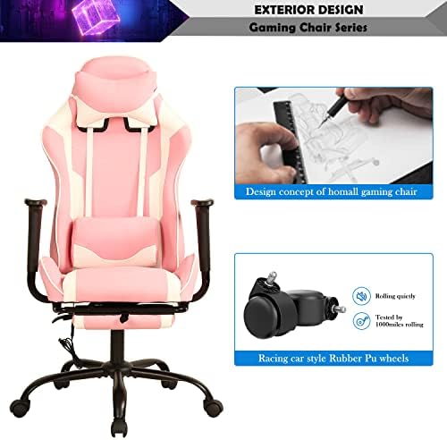 Pink Gaming Chair with Footrest, PU Leather Gaming Chairs for Adults, High Back Comfy Office Chair Ergonomic Desk Chair Computer Chair, Reclining Gamer Chair, Height & Backrest Adjustable, 300 Lbs