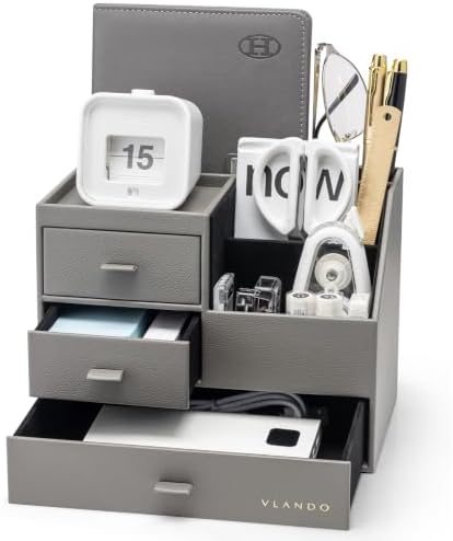 VLANDO Desk Organizer with Drawers, Pen Holder for Desk for Daily Use, Gray