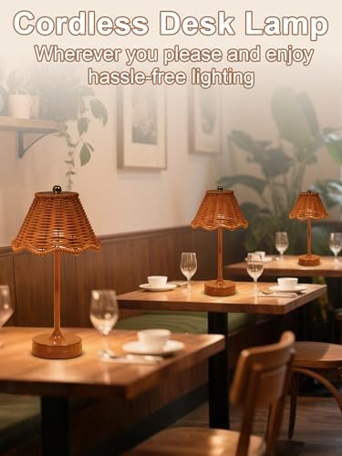 2 Pack Cordless Rattan Table Lamp,Small Wicker Lamp,Vintage Boho Lamp
