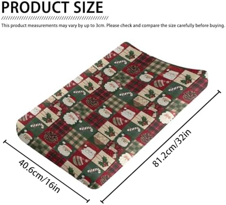 Christmas Theme Leaves Checkered Patchwork Winter Holiday Pattern Baby Changing Pad Cover, Unisex Christmas Nursery Diaper Changing Table Pad Mat Sheet for Boys Girls-16x32