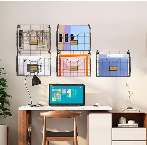 X-cosrack 5-Tier Over the Door File Organizer, Stackable Hanging Wall Files Rack with Door Hooks Wall Organizers, SVertical Wall File Storage with Tag for Office Home and Work Easy Organizing - Black