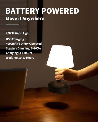 KDG Black Cordless Small Table Lamp, Portable LED Dimmable Desk Lamp