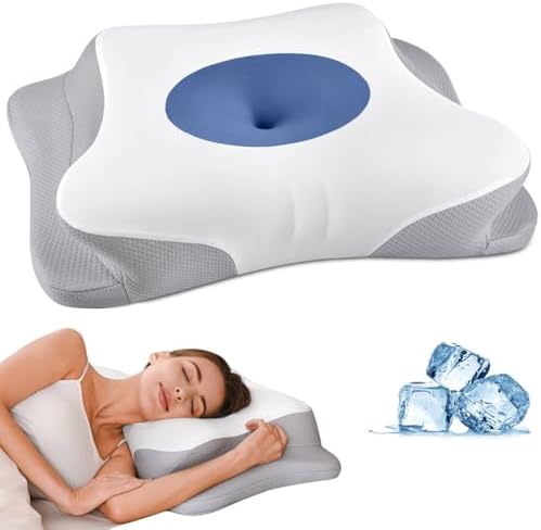 Cervical Neck Pillow for Pain Relief, Contour Memory Foam Pillows for Sleeping, Ergonomic Pillow Orthopedic Cooling Pillow Bed Pillow Neck Support for Side Back Stomach Sleepers (Blue&White)