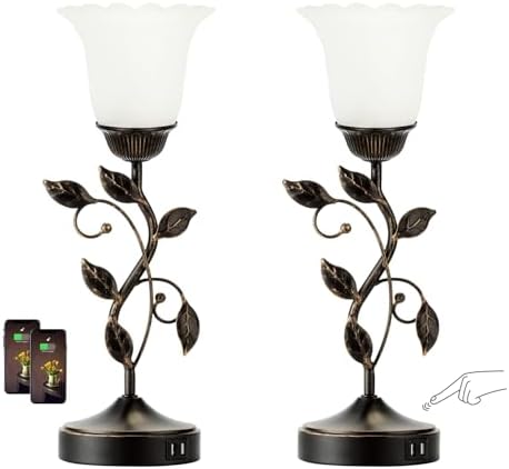 Set of 2 Touch Bedside Vintage Lamps with 2 USB C+A