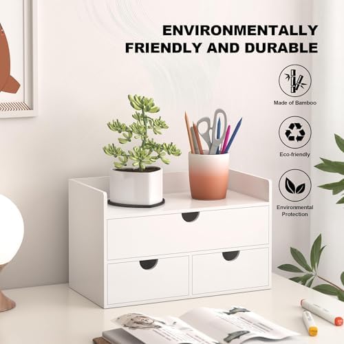 Bamboo Desk Organizer wtih Drawers Mini Desktop Drawer Tabletop Storage