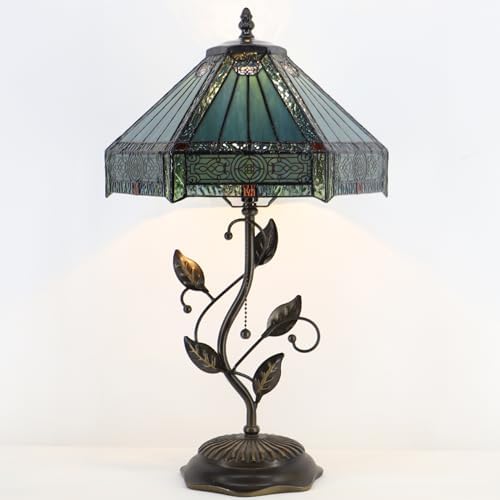 Tiffany Table Lamp, Stained Glass Desk Light, W12H19 Inch, Metal Leaf Base (Mission Style)
