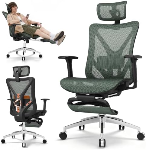 GABRYLLY Ergonomic Office Chair with Adjustable Lumbar Support, 3D Armrests & Headrest, 135° Reclining Chair with Footrest & Large Steel Base,300LBS Swivel Desk Chair(GYMN01-JG)