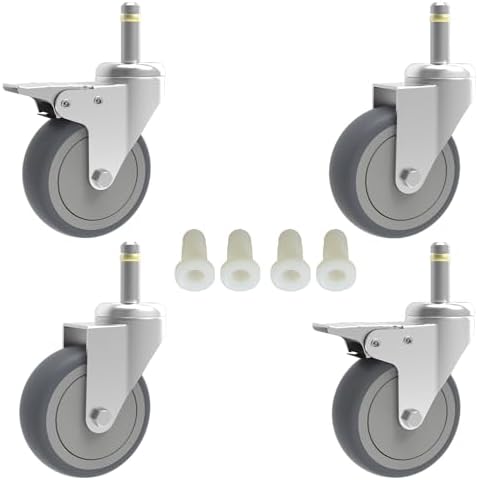 RILIDRI 3-Inch Swivel Stem Caster, 7/16-Inch Stem Diameter Rubber Wheel, Heavy Duty TPR Replacement Wheels for Rubbermaid Mop Bucket Cart Grill Casters - 4 Pack (2 Brakes 2 Swivel)