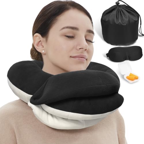 BUYUE Travel Neck Pillows for Airplanes, Memory Foam 360° Head Support Sleep for Long Flight, Skin-Friendly & Breathable, Kit with Eye Mask, Earplugs and Storage Bag (Adult, Black, 90+ lbs)